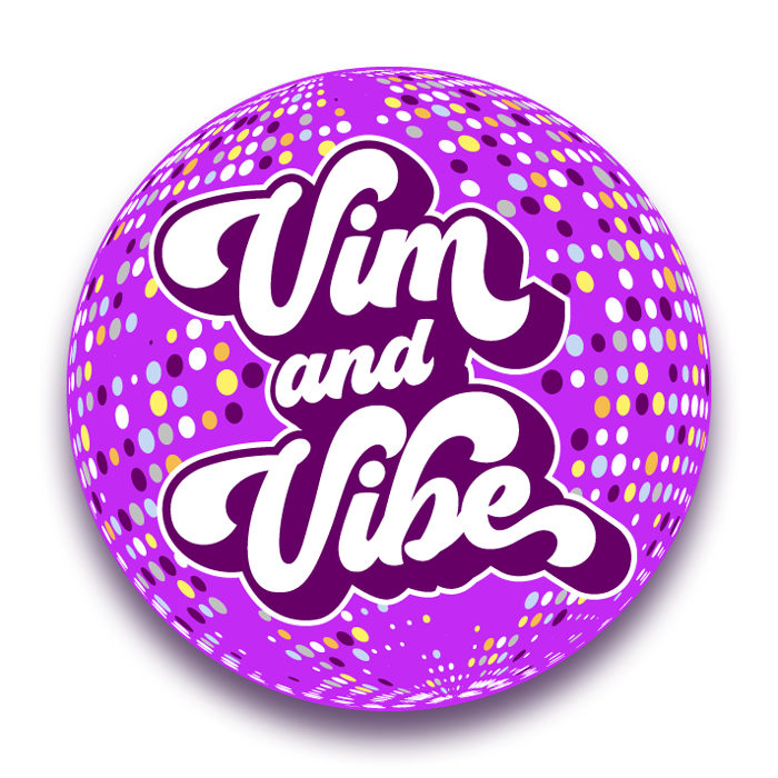 Vim and Vibe Mirrorball logo in bright purples with retro script lettering